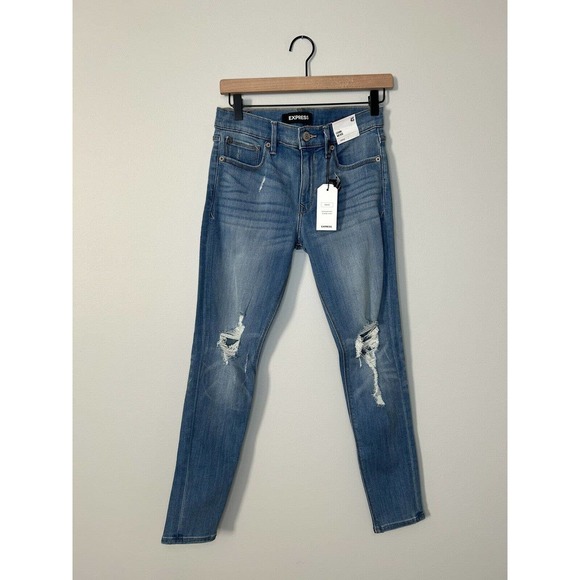 Express Women's SZ 4S Denim Skinny Leg Distressed Mid Rise Stretch Jeggings - Picture 2 of 7